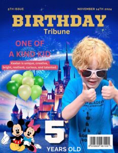 Personalized birthday magazine cover featuring a child