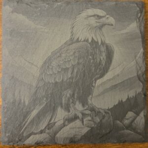 Square black slate coaster engraved with a bald eagle perched on rocks before mountains
