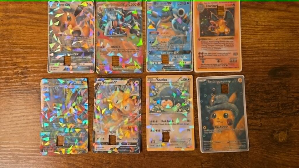Display of colorful collectible Pokémon trading cards