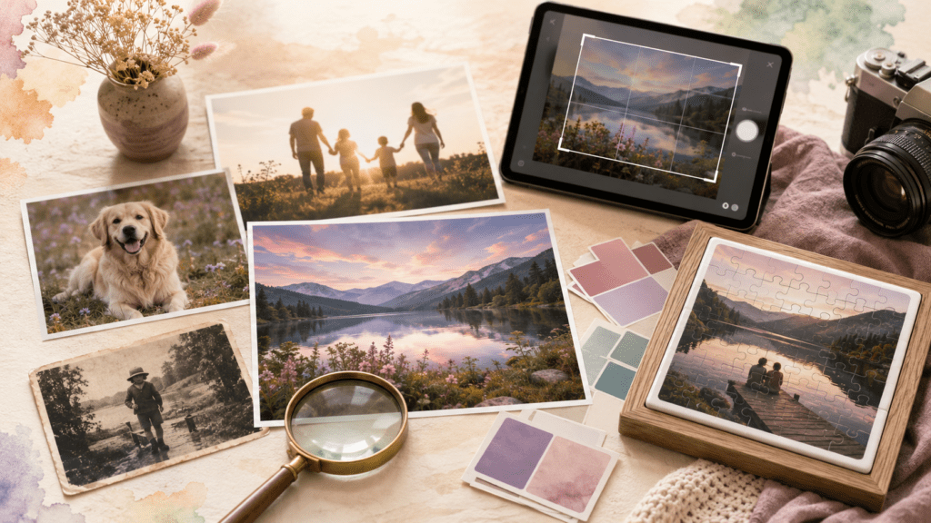 A selection of family, pet, landscape, and vintage photographs beside a crop preview, magnifying glass, camera, color swatches, and finished photo puzzle