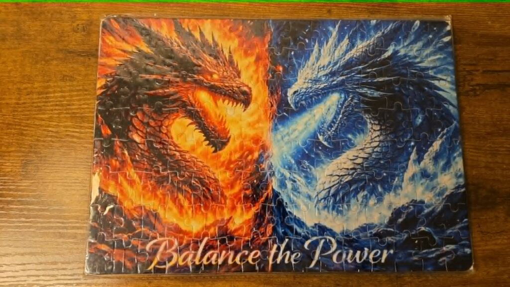 Artwork of a fiery lion and icy wolf with the words Balance the Power