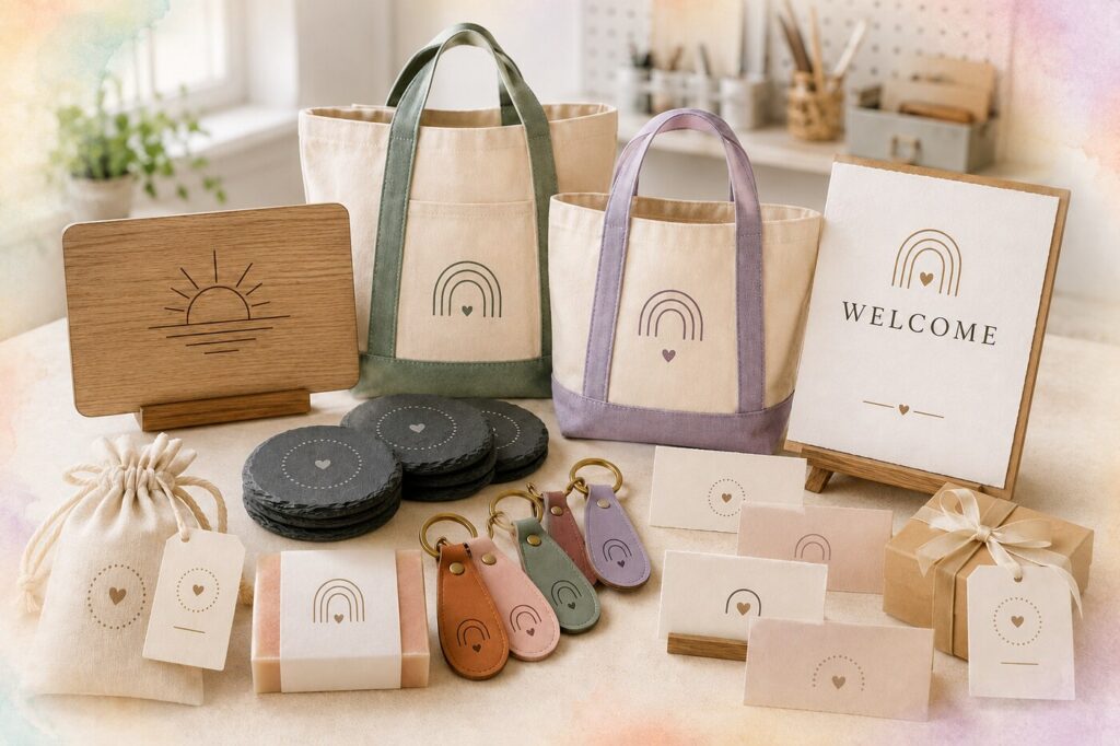 Personalized business and special event gifts featuring branded signs, keepsakes, favors and custom accessories
